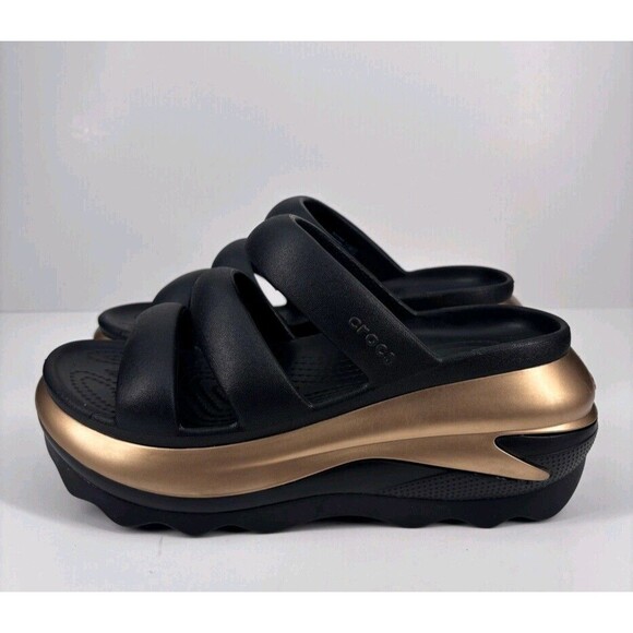 Crocs Mega Crush Triple Strap Men’s 7 / Women’s 9 Metallic Black/Gold Sandals - Picture 4 of 9
